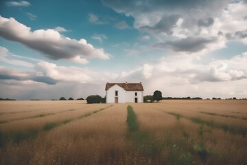 Fototapeta premium Small white house in the middle of a field, sky, photo, southern european scenery