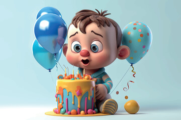 3D Cartoon Baby birthday with birthday cake and candles on studio background. Vector graphic