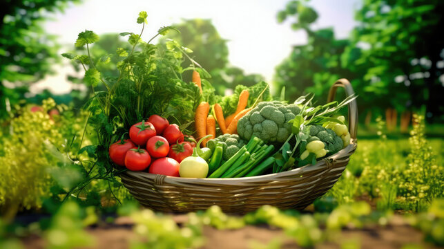 Fresh vegetables and herbs in a large basket on the background of field green plants. Generative AI