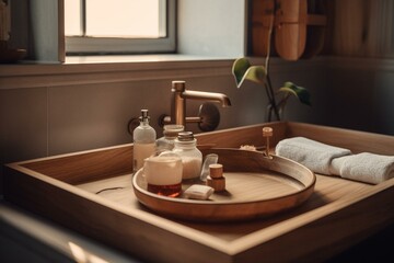 Obraz na płótnie Canvas Warm bathroom with wooden tray on marble sink. Cozy. Generative AI