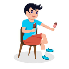 Dark-haired boy sits on the chair, eats ice cream and gives another one to someone. Cartoon vector illustration.