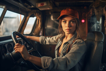 Fototapeta na wymiar A young female driver in a baseball cap sits in the cab of a truck at the wheel