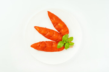 Chicken fillet inner skewers.Fresh raw marinated chicken meat skewers iner fillet on a white background.Top view.Copy space.Chicken fillet inner skewers.Food concept.