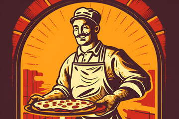 Pizza chef holds a tray with freshly baked pizza with oven on the background. Ai generated 