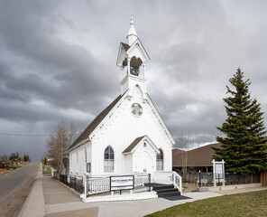 Exterior of the historic Gothic-style wooden South Park Community Church in Fairplay, Colorado, USA