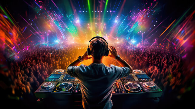 DJ wearing headphones standing in front of a crowded stage. Multicolored lights flashed everywhere. Generative AI
