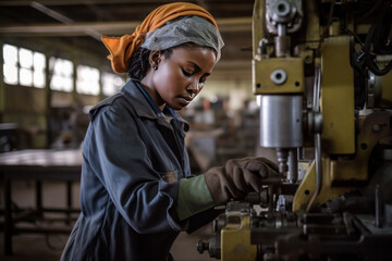 Obraz na płótnie Canvas Portrait of african woman, factory worker, AI generated Generative AI