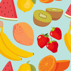 Summer fruit seamless pattern. Colorful illustrations of kiwi fruit, mango, banana, watermelon, lemon, strawberries and orange on a pastel blue background. 