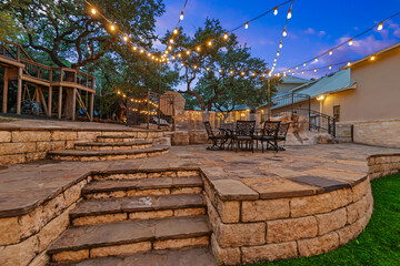 a patio at sunset