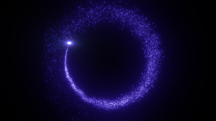 Bright flying sparks of particles, spinning in a circle, follow the flashing star.