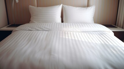 bed with white pillows in hotel, ai generative	
