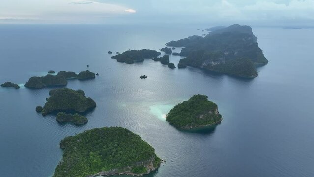 Forest-covered limestone islands, surrounded by coral reefs, rise from Raja Ampat's mesmerizing seascape. This remote part of Indonesia is known for its incredibly high marine biodiversity.