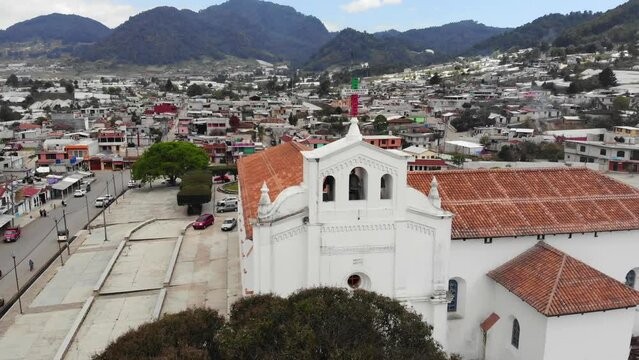 Aerial Scenic Drone view of San Lorenzo Church in Zinacantan, Chiapas