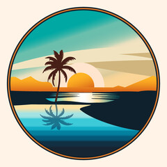 Fototapeta na wymiar T-shirt design of palm trees on an island against the sunset, retro style, vintage.