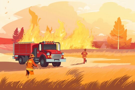 forest is consumed by wild fire, intensified by extreme hot weather, while fireman extinguish fire