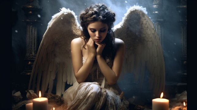 Holy girl angel with white wings in the temple. Sad fallen archangel. Generative AI