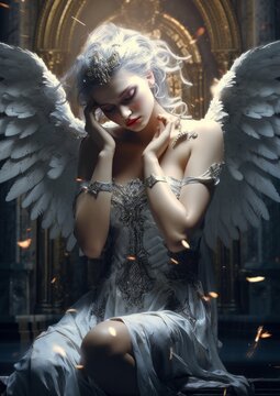 Holy girl angel with white wings in the temple. Sad fallen archangel. Generative AI