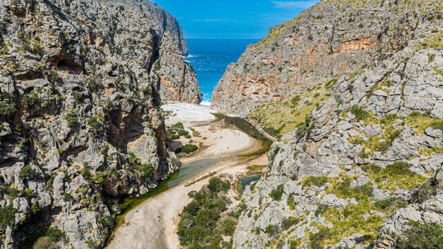 Aerial of the Gorge of Sa Calobra, Mallorca, Balearic Islands, Spain, Mediterranean, Europe