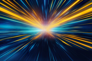 Abstract futuristic background high speed straight blue yellow lines and bokeh glowing neon moving. High speed futuristic travel concept. Fantastic wallpaper,  Ai Generative - 605485422