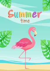 Cute pink flamingo standing on the beach. Colorful banner flyer in cartoon style. Summer concept. Vector illustration vertical background.