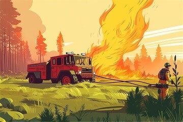 illustration forest fire due to extreme hot weather, prompting immediate response of firefighters
