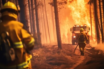 forest engulfed in flames due to extreme hot weather, firefighters work to extinguish the wildfire