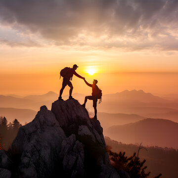 silhouette of a couple on a mountain top