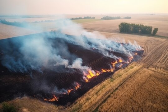 dramatic spring forest fires, flames engulfing dry grass in agricultural fields. ecological risks