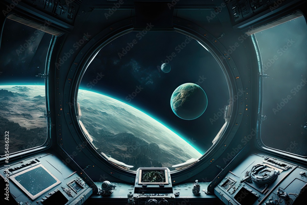 Poster spaceship dark interior with view on distant planets solar system. generative ai aig15.