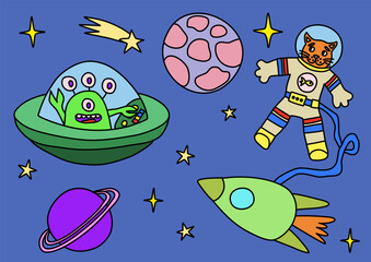 Space illustration with planets, stars, rocket, astronaut and alien, doodle style vector
