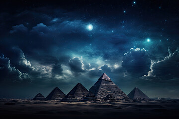 Pyramids in the night created with Generative AI - obrazy, fototapety, plakaty