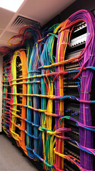 Network cables and connectors arranged in an organized server room