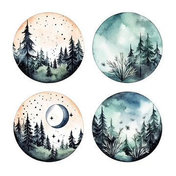 Celestial Moon Mountains Clip Art on Isolated Background 