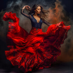 Beautiful Spanish Woman Dancing Flamenco Illustration Generative AI KI Background Cover Journal Digital Art  - obrazy, fototapety, plakaty