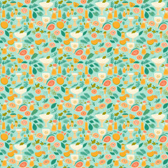 Seamless summer pattern with fruits and cocktails. colorful illustration. Created with generative AI