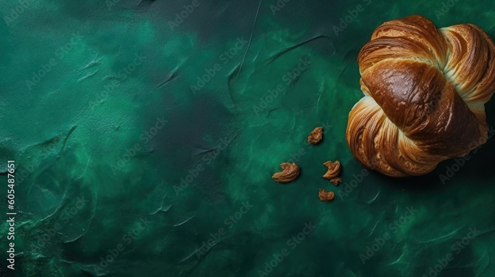 Wall mural minimalistic background with bread and buns, bakery products, top view, free copy space, mockup