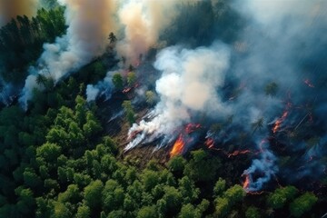 Aerial view of wildfire flames and smoke in green forest burning trees caused by extreme hot weather