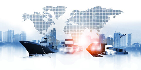 container truck ,ship in port and freight cargo plane in transport and import-export commercial...