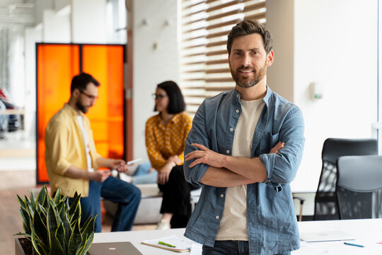 Confident bearded man, sales manager, CEO with arms folded, smiling looking at camera. People Career