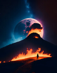 Man looking at fiery hill with galaxy and moon in background. Generative AI