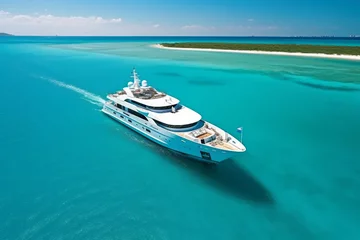 Foto op Canvas A panoramic view of a luxury yacht cruising along the coastline, surrounded by crystal-clear turquoise waters and a cloudless sky. Generative AI © bluebeat76