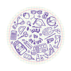 Vector illustration of school items and stationery. Hand drawn set of school supplies. Circle design. Sketch elements