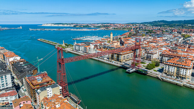 Aerial of Vizcaya Bridge, UNESCO World Heritage Site, Bilbao, Basque country, Spain, Europe