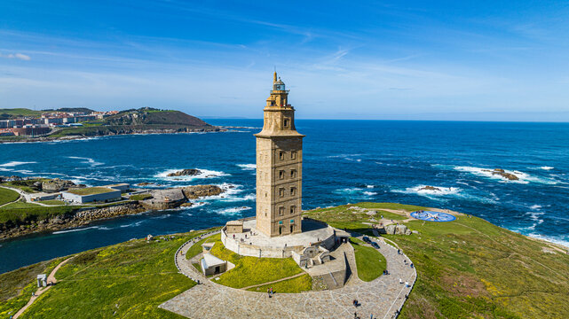 Aerial of the Tower of Hercules, UNESCO World Heritage Site, La Coruna, Galicia, Spain, Europe