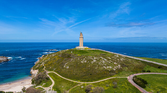 Aerial of the Tower of Hercules, UNESCO World Heritage Site, La Coruna, Galicia, Spain, Europe