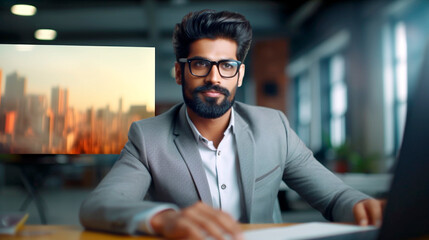 Generative Ai. Indian businessman. a man in glasses is sitting at a desk with a laptop
