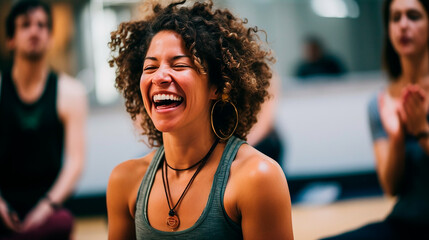 Fototapeta na wymiar Black woman smiling in yoga class. Generative AI