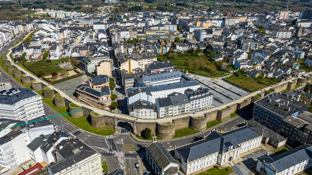 Aerial of the Roman walled town of Lugo, UNESCO World Heritage Site, Galicia, Spain, Europe