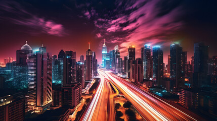 Fototapeta premium City skyline at dusk, Generative AI