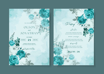 A watercolor wedding invitation card template with tosca blue and white flowers decoration